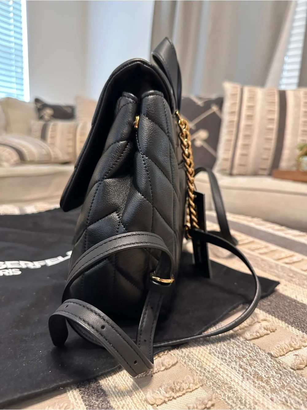 Karl Lagerfeld Black Quilted Leather Backpack with Gold Hardware